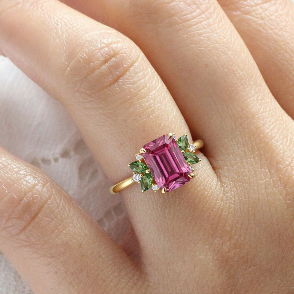 Scarlett’s Ode | 3CT Emerald Cut Ruby Halo Engagement Ring