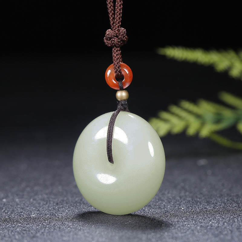 Fortune Jewel Round Hetian White Jade Peace Buckle Blessing Necklace Pendant