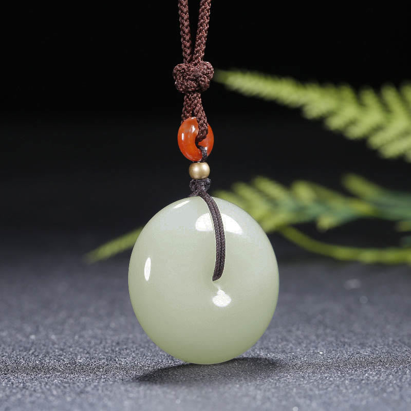 Fortune Jewel Round Hetian White Jade Peace Buckle Blessing Necklace Pendant