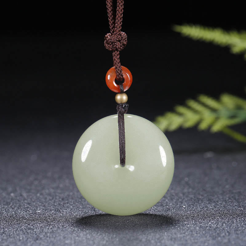 Fortune Jewel Round Hetian White Jade Peace Buckle Blessing Necklace Pendant