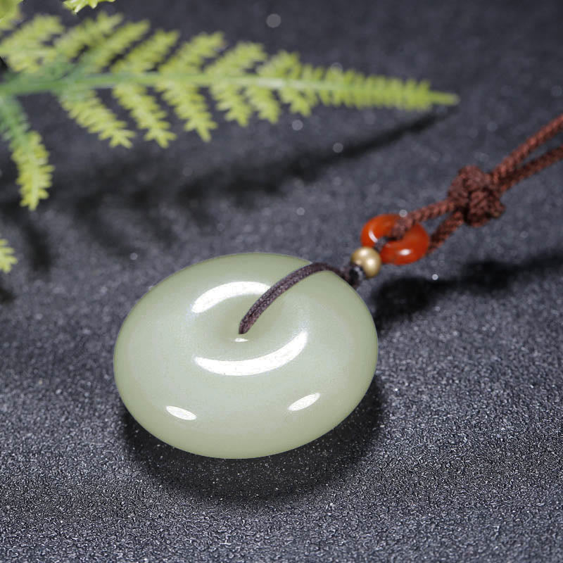 Fortune Jewel Round Hetian White Jade Peace Buckle Blessing Necklace Pendant
