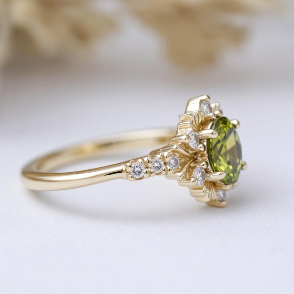 Rosalind’s Amber | 1CT Oval Cut Olive Yellow Sapphire Halo Engagement Ring