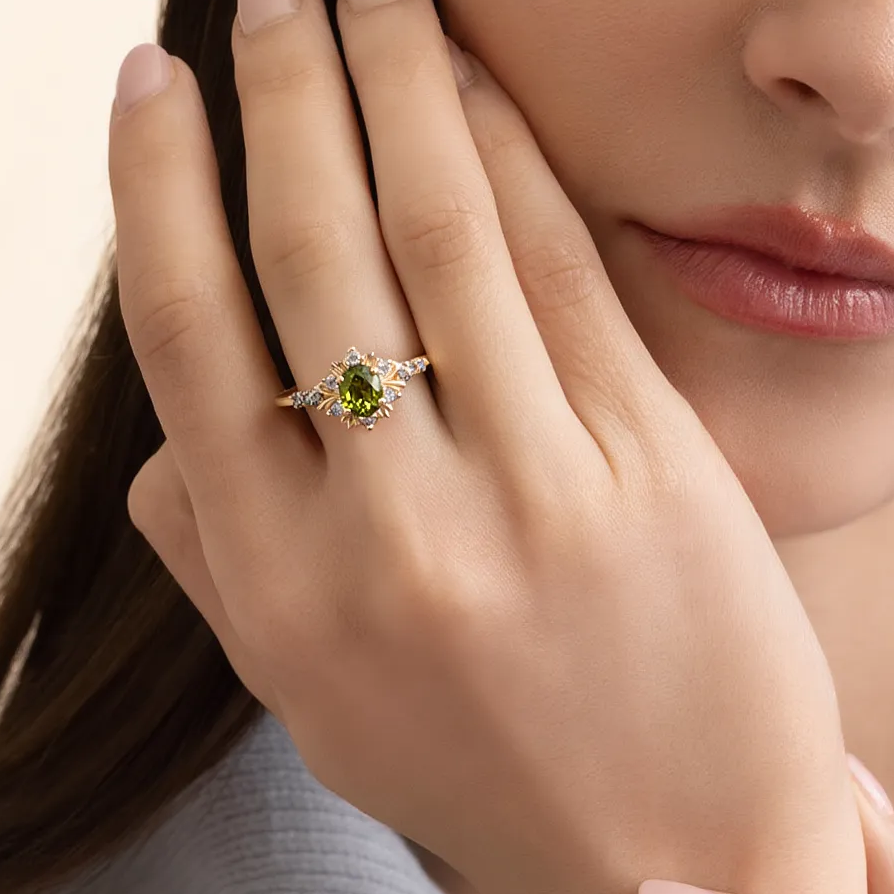 Rosalind’s Amber | 1CT Oval Cut Olive Yellow Sapphire Halo Engagement Ring