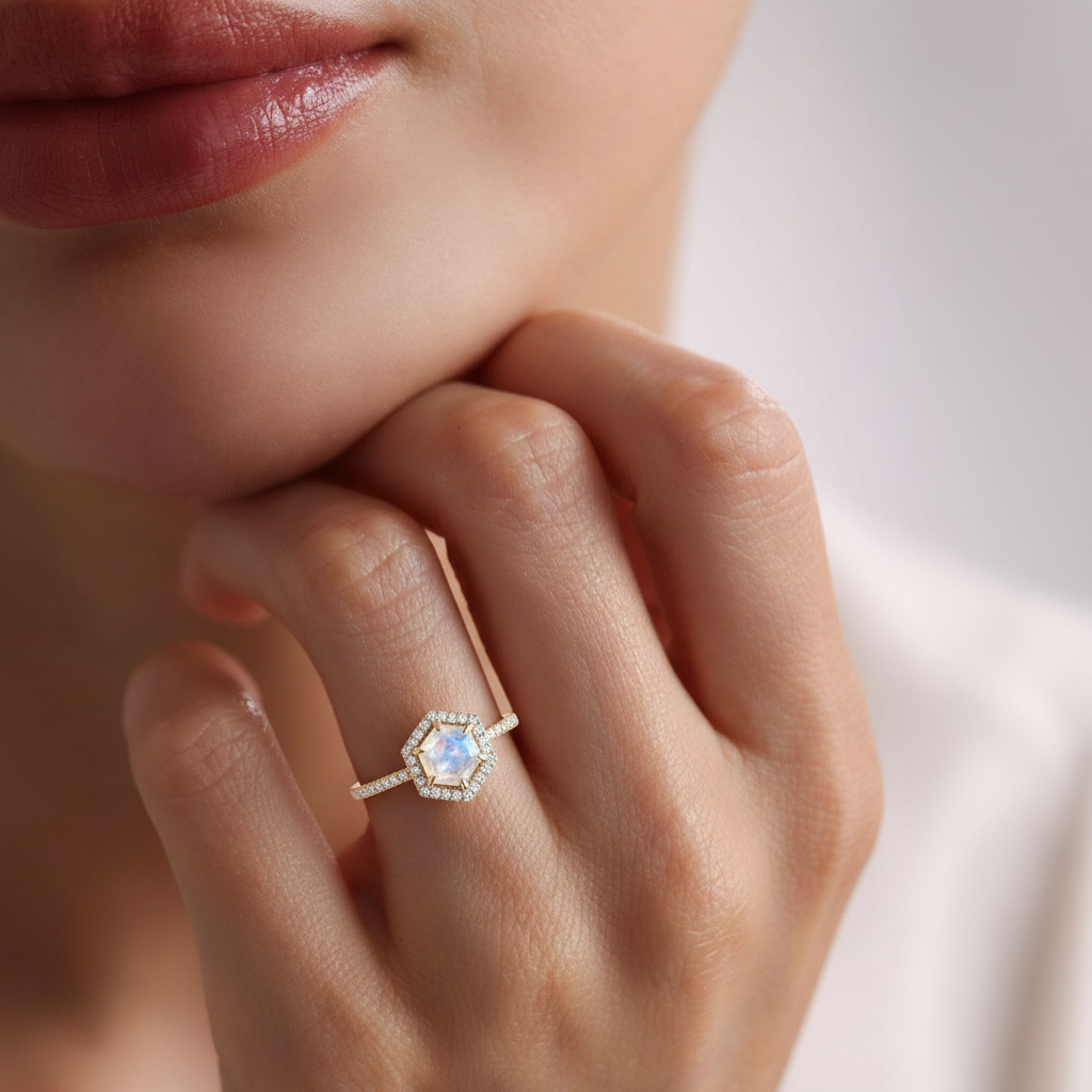 Luna’s Reverie | Vintage Hexagon Moonstone & Moissanite Halo Engagement Ring