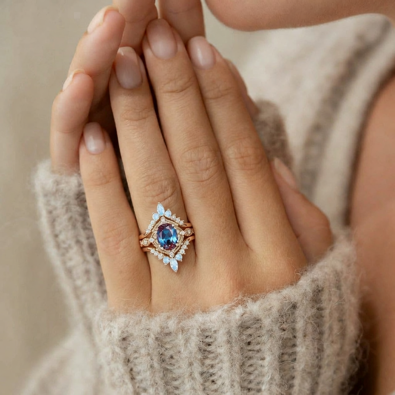 Luna’s Glow | Alexandrite & Moonstone Vintage Bridal Set 3pcs
