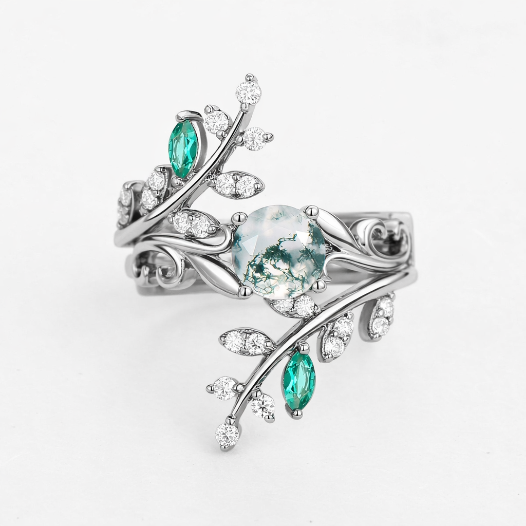 Forest Bloom – Round Cut Moss Agate & Emerald Engagement Rings