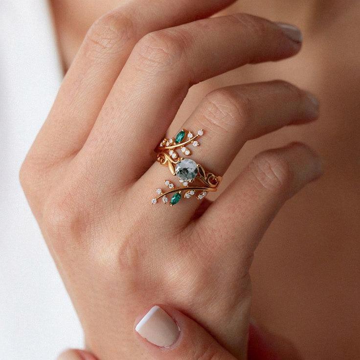 Forest Bloom – Round Cut Moss Agate & Emerald Engagement Rings