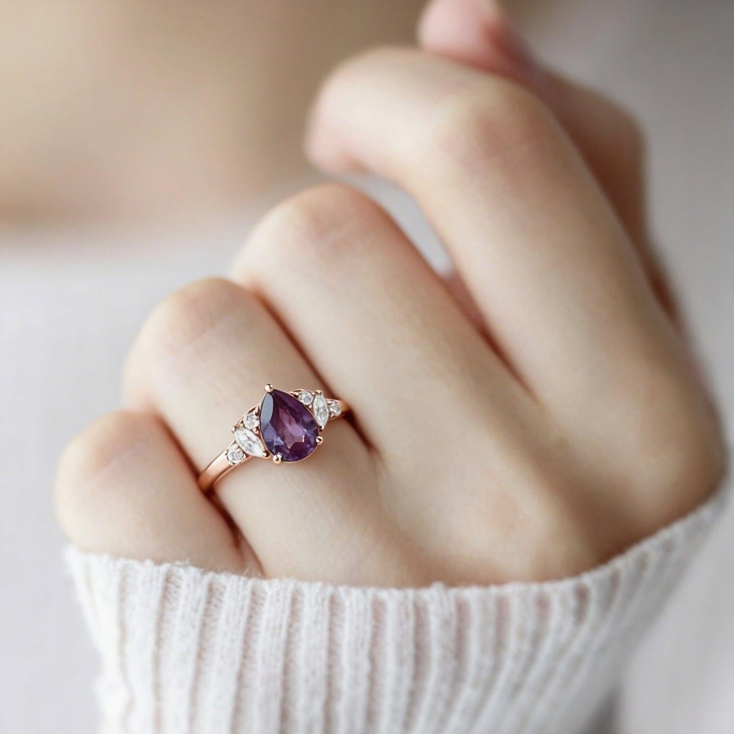 Celia’s Mirage | Classic Pear Lab Alexandrite Engagement Ring