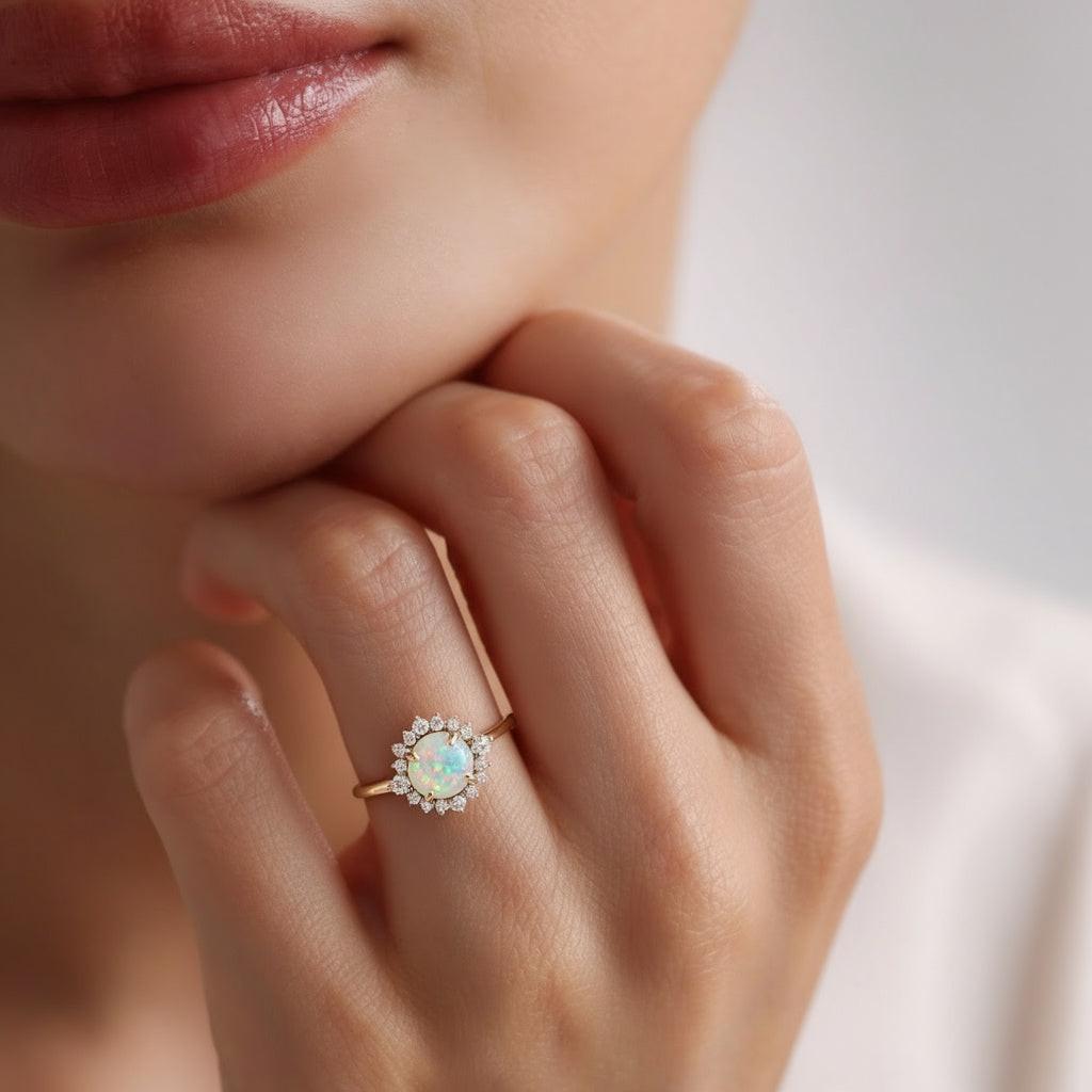 Valencia’s Sunburst | Round Opal & Moissanite Halo Ring