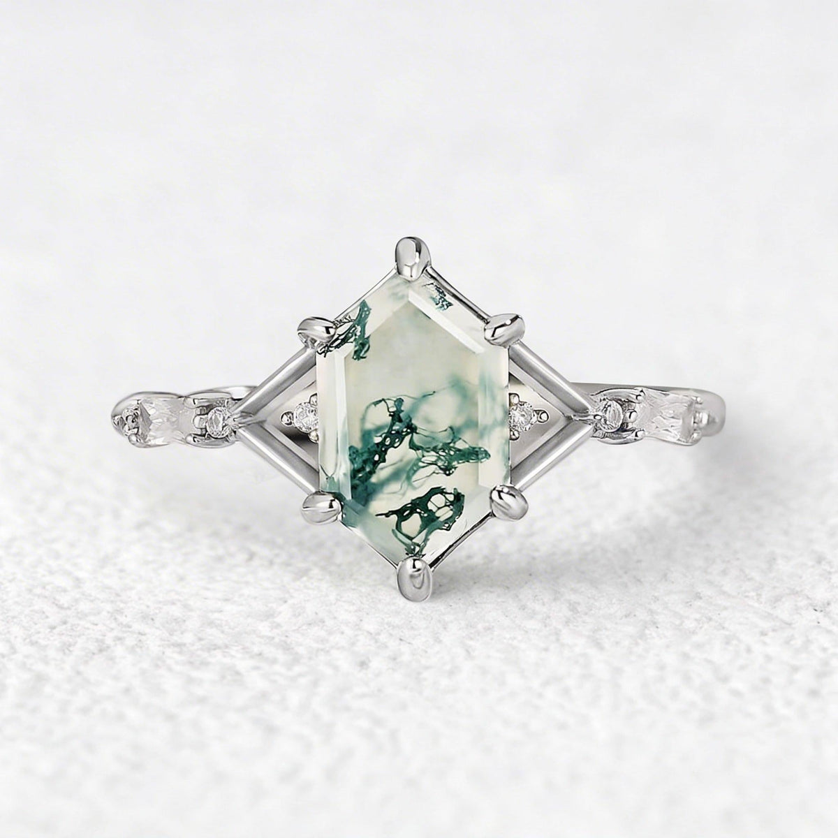 Isadora’s Imprint | Hexagon Cut Moss Agate Engagement Ring