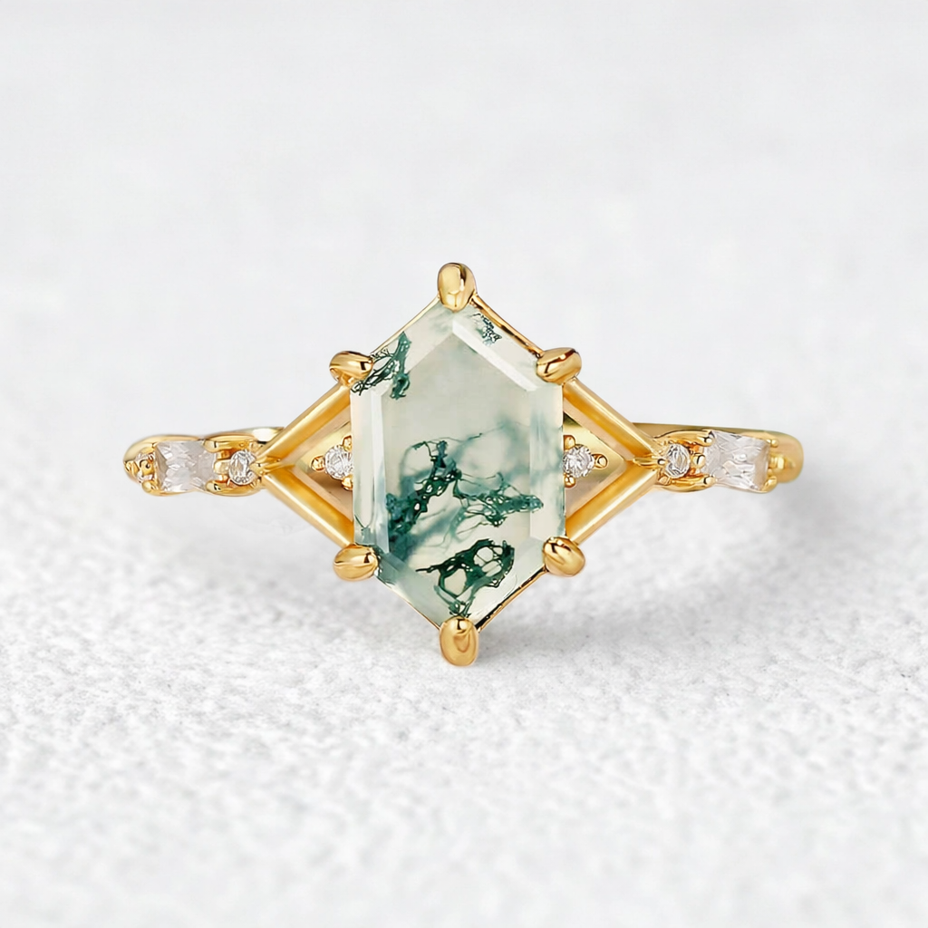Isadora’s Imprint | Hexagon Cut Moss Agate Engagement Ring