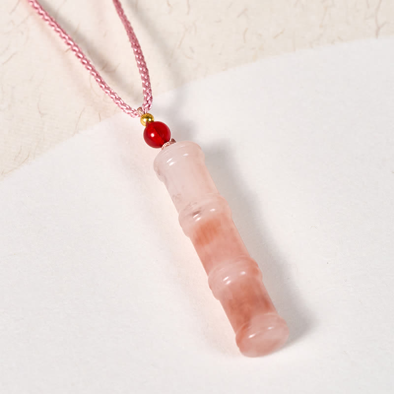 Fortune Jewel Craved Bamboo Natural Pink Quartzite Jade Protection Necklace Pendant