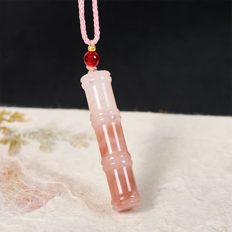 Fortune Jewel Craved Bamboo Natural Pink Quartzite Jade Protection Necklace Pendant