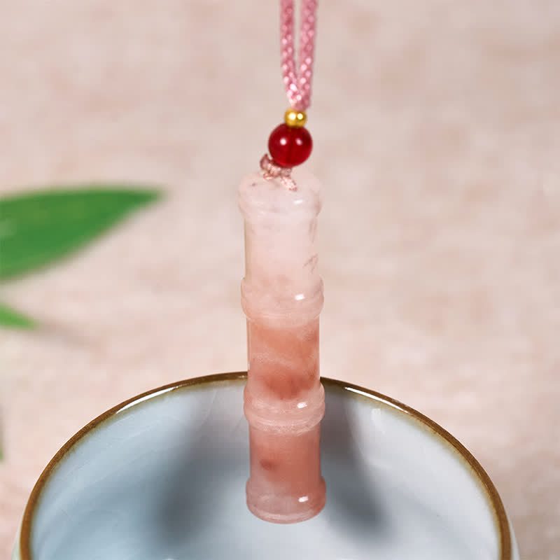 Fortune Jewel Craved Bamboo Natural Pink Quartzite Jade Protection Necklace Pendant