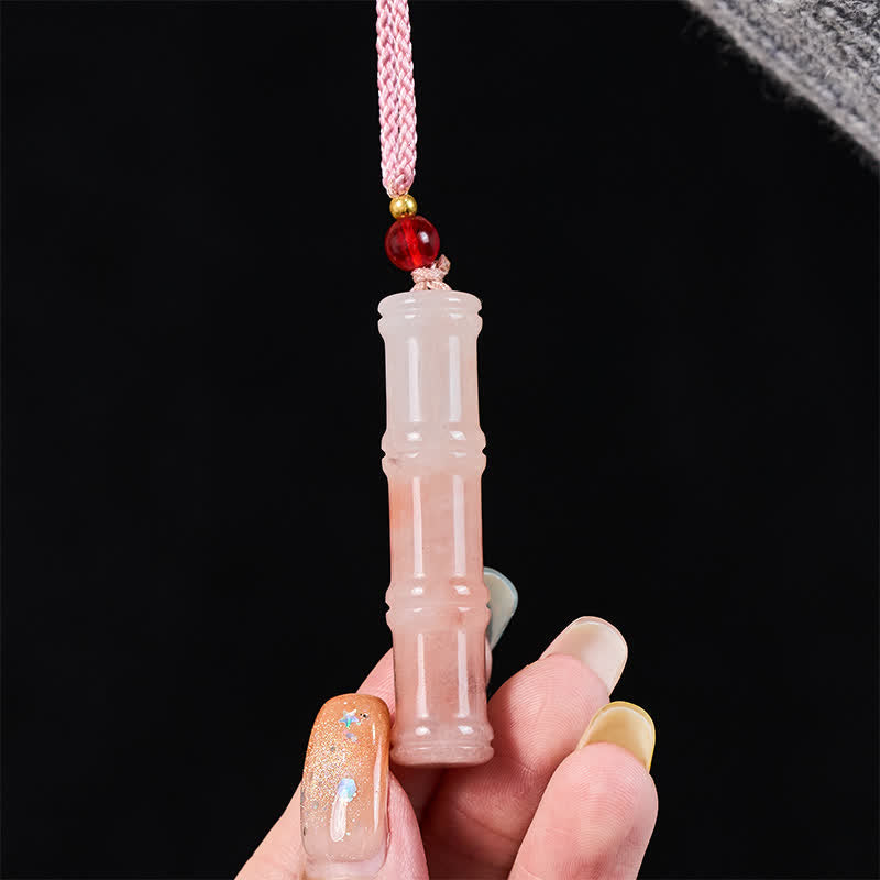Fortune Jewel Craved Bamboo Natural Pink Quartzite Jade Protection Necklace Pendant