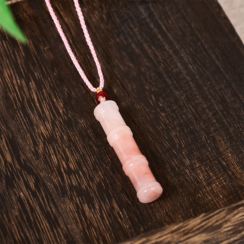 Fortune Jewel Craved Bamboo Natural Pink Quartzite Jade Protection Necklace Pendant