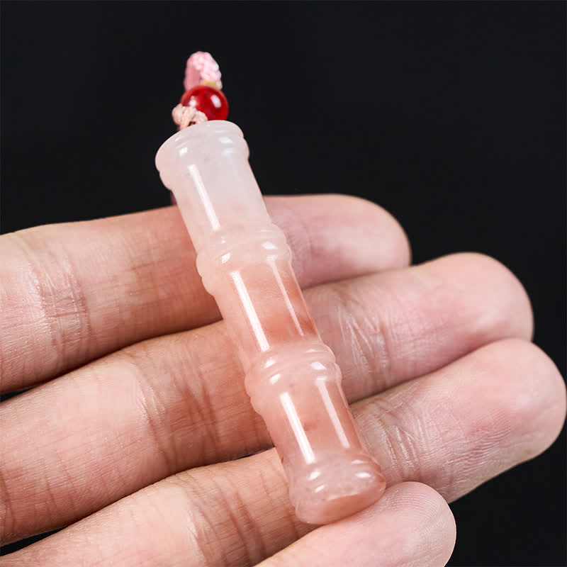 Fortune Jewel Craved Bamboo Natural Pink Quartzite Jade Protection Necklace Pendant
