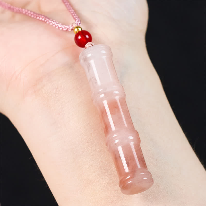 Fortune Jewel Craved Bamboo Natural Pink Quartzite Jade Protection Necklace Pendant