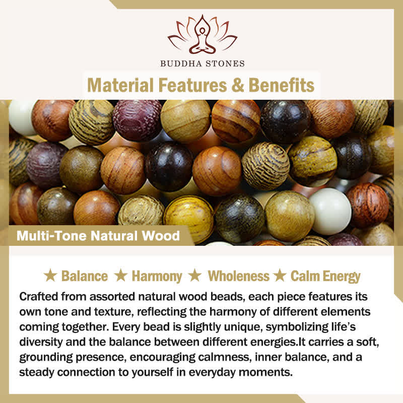 Fortune Jewel 108 Beads Multi-Tone Natural Wood Calm Energy Mala