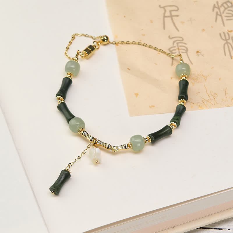 Fortune Jewel Hetian Jade Peridot Bamboo Lily Of The Valley Wealth Faithfulness Adjustable Bracelet