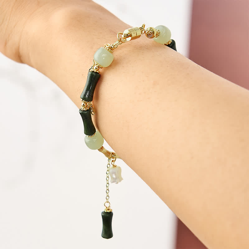 Fortune Jewel Hetian Jade Peridot Bamboo Lily Of The Valley Wealth Faithfulness Adjustable Bracelet