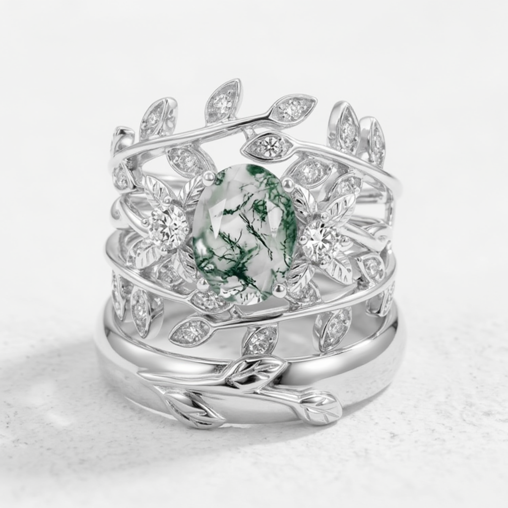 Léonie Oval Cut Moss Agate Leafy Gold Couple Ring Set