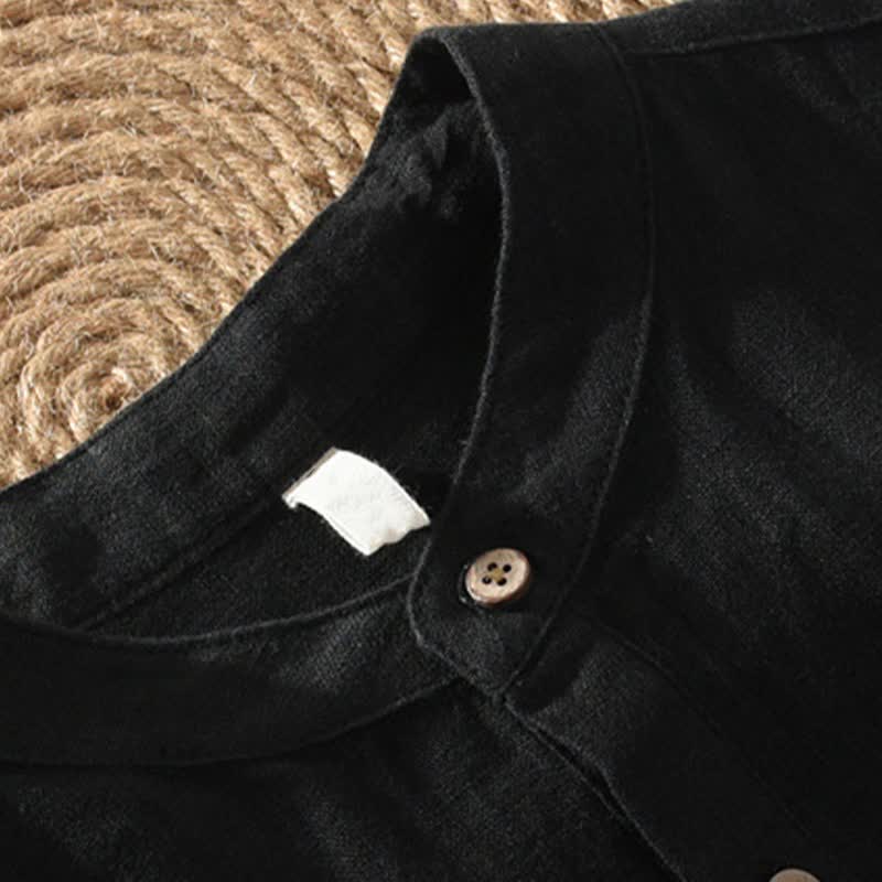 Buddha Stones Summer Casual Tang Style Mandarin Collar Solid Linen Men's Short Sleeve Shirts With Patch Pocket