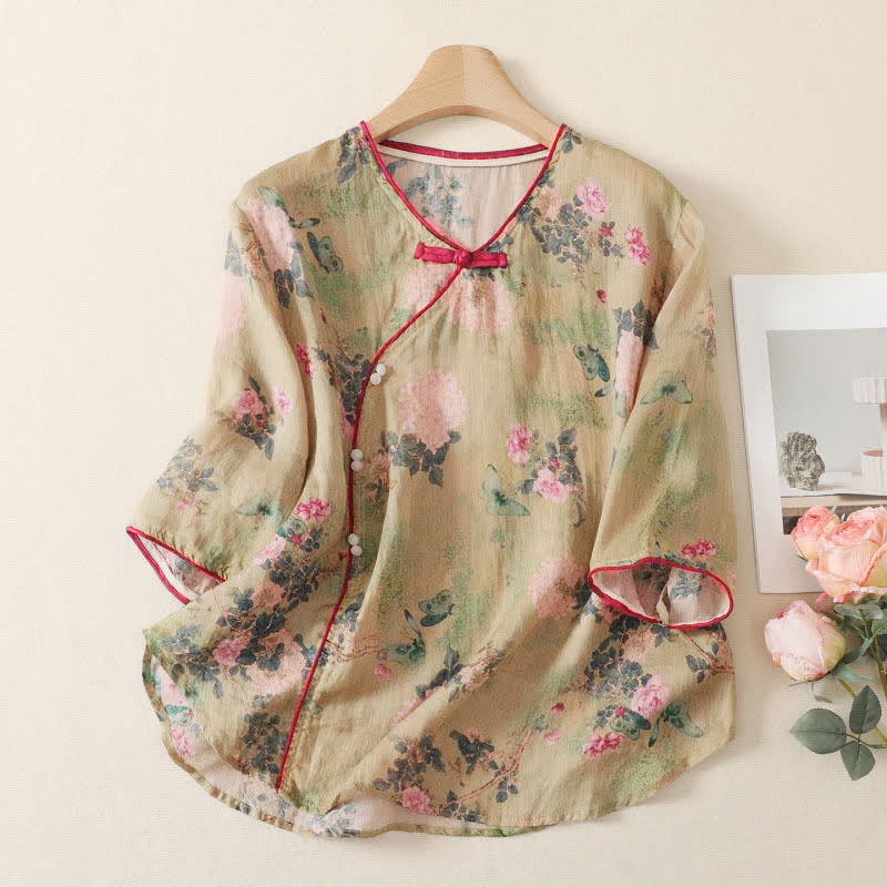 Buddha Stones Summer Tang Style Vintage Mandarin Collar Pink Rose Floral Women's Elbow-Length Sleeve Shirts