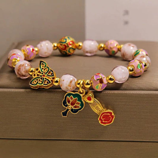 Buddha Stones Pink Liuli Butterfly Lotus Ruyi Handle Transformation Charm Bracelet