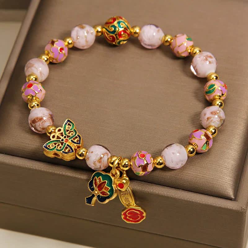 Buddha Stones Pink Liuli Butterfly Lotus Ruyi Handle Transformation Charm Bracelet