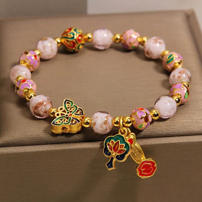 Buddha Stones Pink Liuli Butterfly Lotus Ruyi Handle Transformation Charm Bracelet