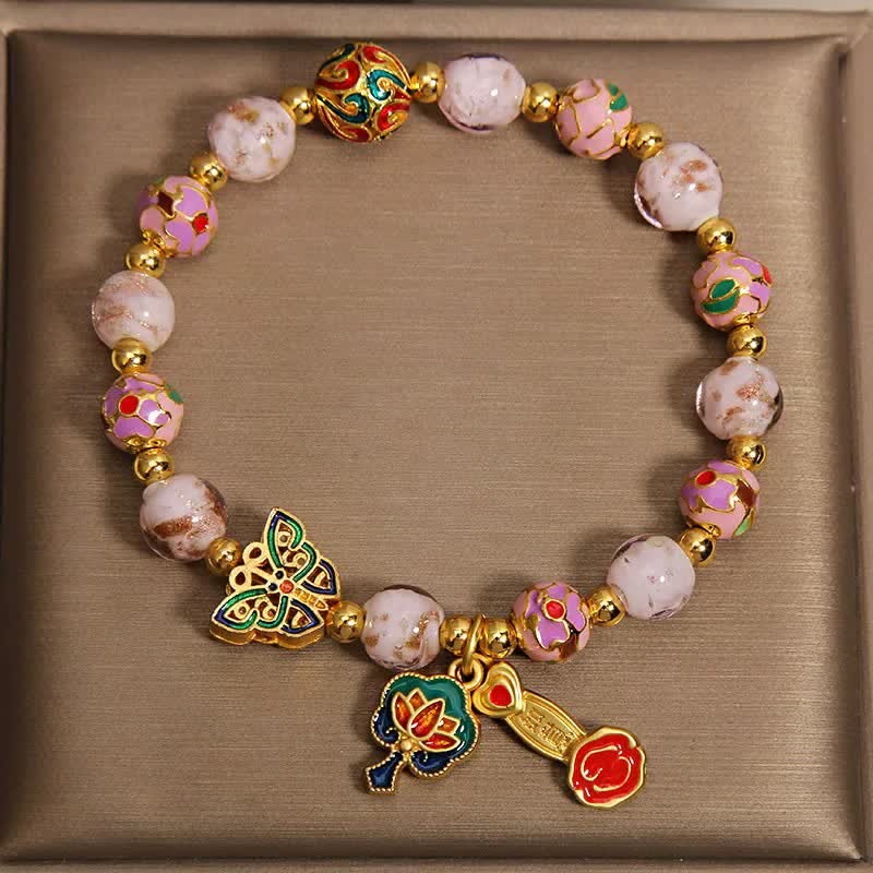 Buddha Stones Pink Liuli Butterfly Lotus Ruyi Handle Transformation Charm Bracelet