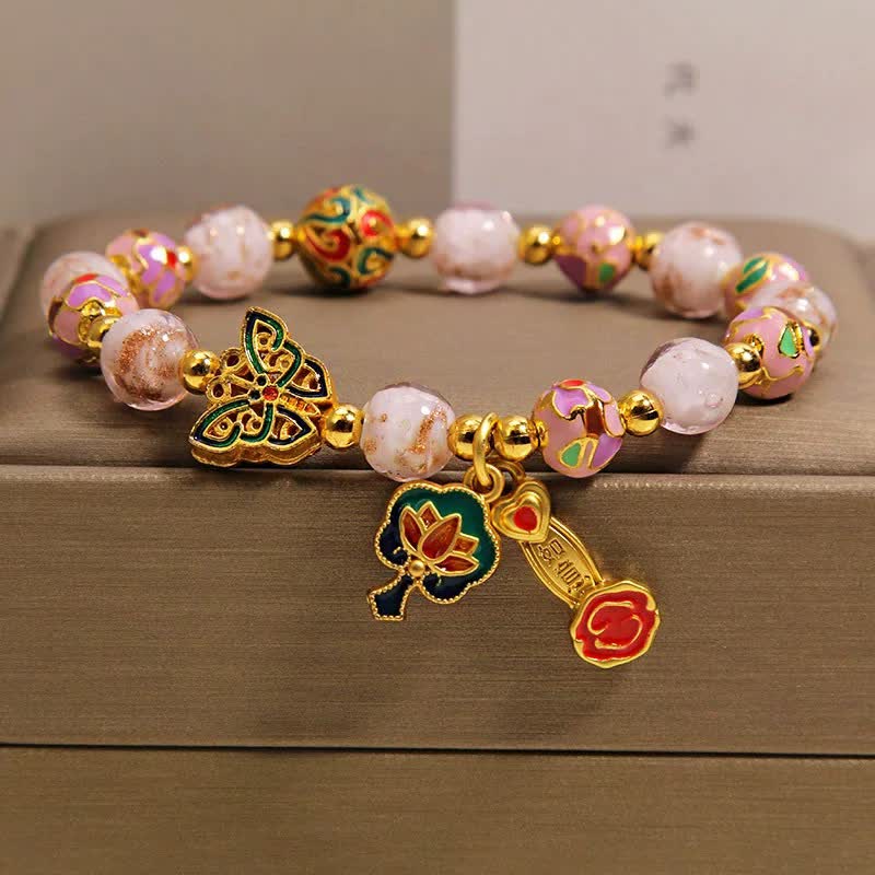 Buddha Stones Pink Liuli Butterfly Lotus Ruyi Handle Transformation Charm Bracelet