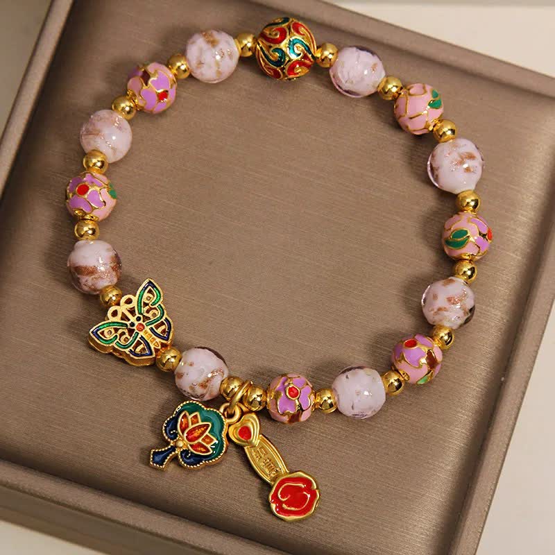 Buddha Stones Pink Liuli Butterfly Lotus Ruyi Handle Transformation Charm Bracelet