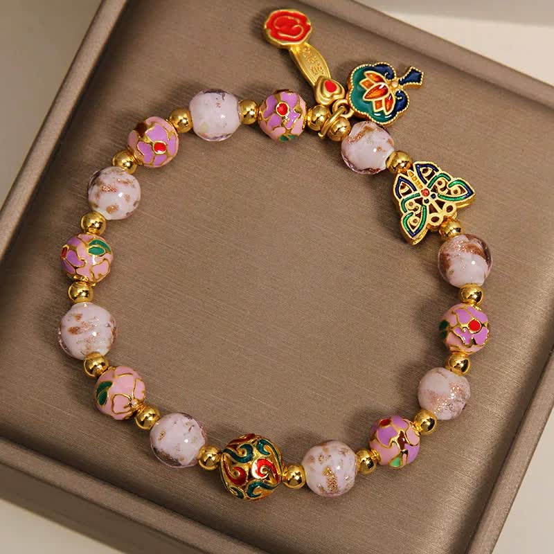 Buddha Stones Pink Liuli Butterfly Lotus Ruyi Handle Transformation Charm Bracelet