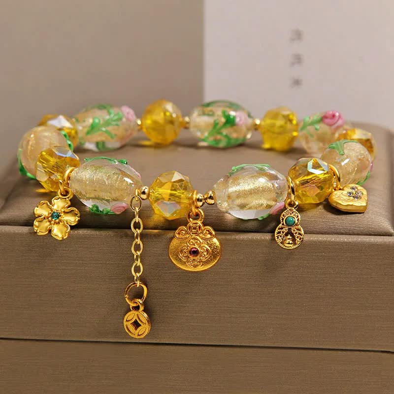 Buddha Stones Yellow Liuli Faceted Money Bag Copper Coin Gourd Abundance Charm Chinese Style Bracelet