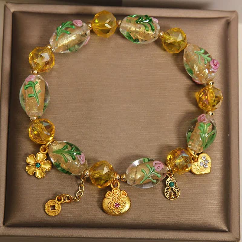 Buddha Stones Yellow Liuli Faceted Money Bag Copper Coin Gourd Abundance Charm Chinese Style Bracelet