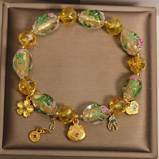 Buddha Stones Yellow Liuli Faceted Money Bag Copper Coin Gourd Abundance Charm Chinese Style Bracelet