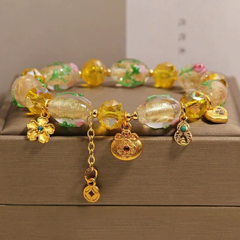 Buddha Stones Yellow Liuli Faceted Money Bag Copper Coin Gourd Abundance Charm Chinese Style Bracelet