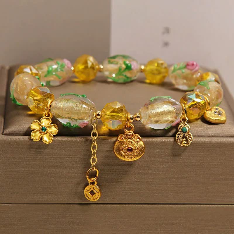 Buddha Stones Yellow Liuli Faceted Money Bag Copper Coin Gourd Abundance Charm Chinese Style Bracelet