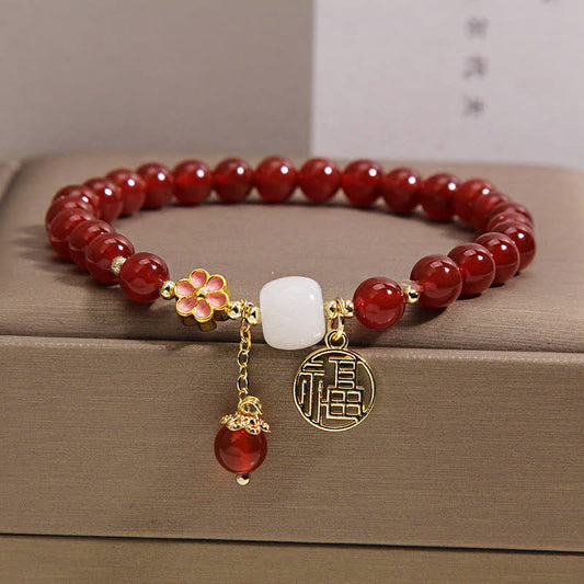 Buddha Stones Red Agate Fu Character Flower Confidence Luck Bracelet