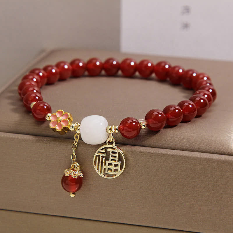 Buddha Stones Red Agate Fu Character Flower Confidence Luck Bracelet