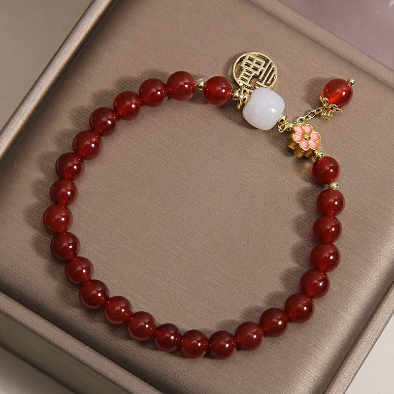 Buddha Stones Red Agate Fu Character Flower Confidence Luck Bracelet