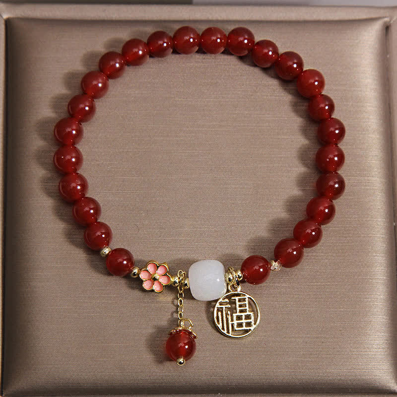 Buddha Stones Red Agate Fu Character Flower Confidence Luck Bracelet