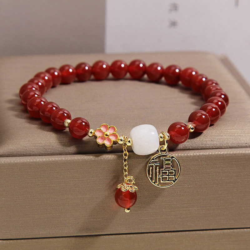 Buddha Stones Red Agate Fu Character Flower Confidence Luck Bracelet