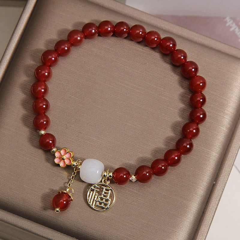 Buddha Stones Red Agate Fu Character Flower Confidence Luck Bracelet