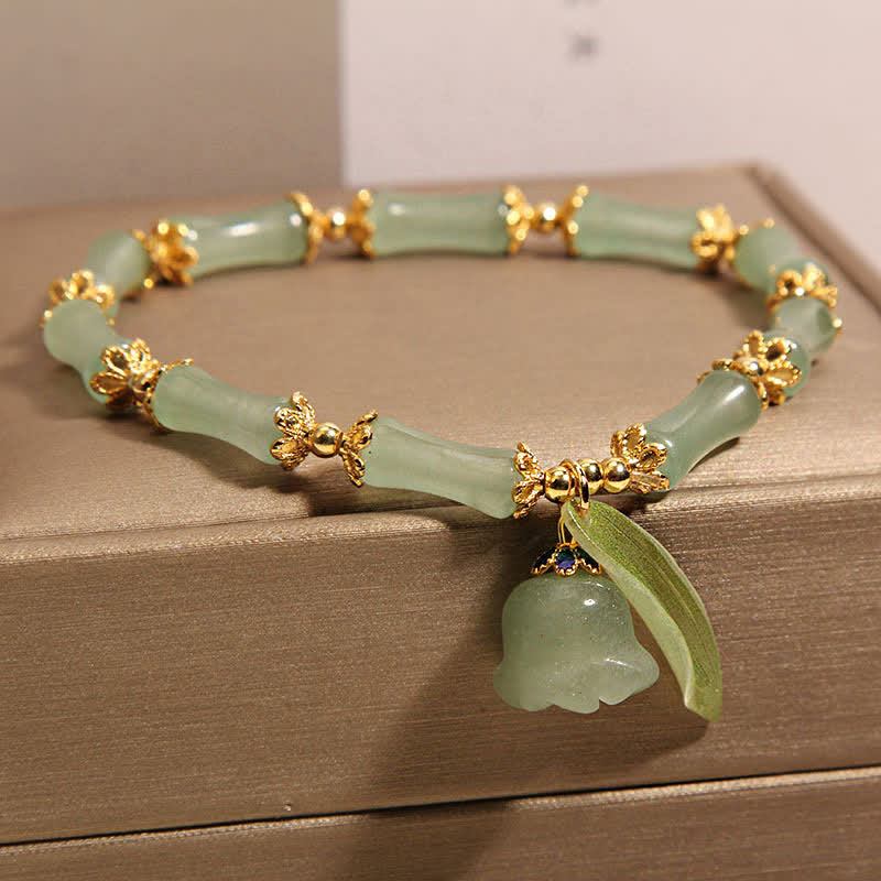 Buddha Stones Green Aventurine Bamboo Luck Growth Lily of the Valley Charm Bracelet