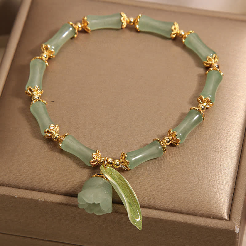 Buddha Stones Green Aventurine Bamboo Luck Growth Lily of the Valley Charm Bracelet