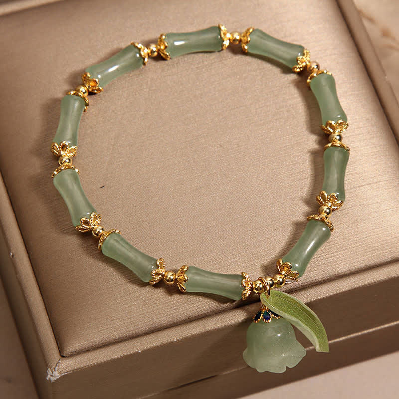 Buddha Stones Green Aventurine Bamboo Luck Growth Lily of the Valley Charm Bracelet