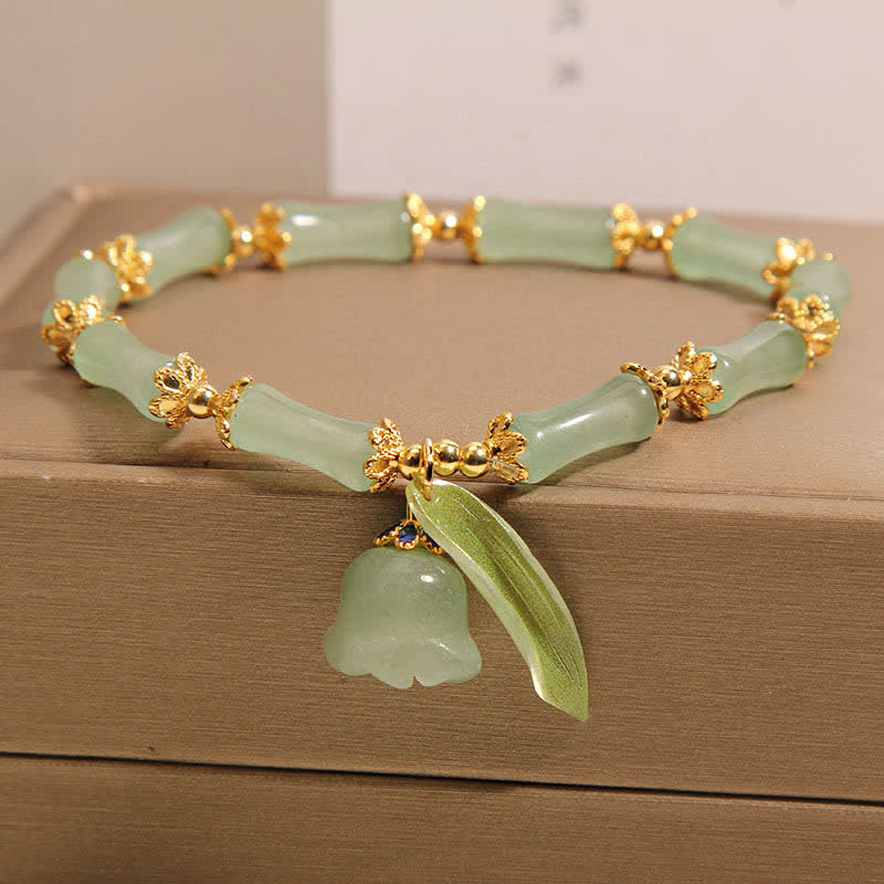 Buddha Stones Green Aventurine Bamboo Luck Growth Lily of the Valley Charm Bracelet